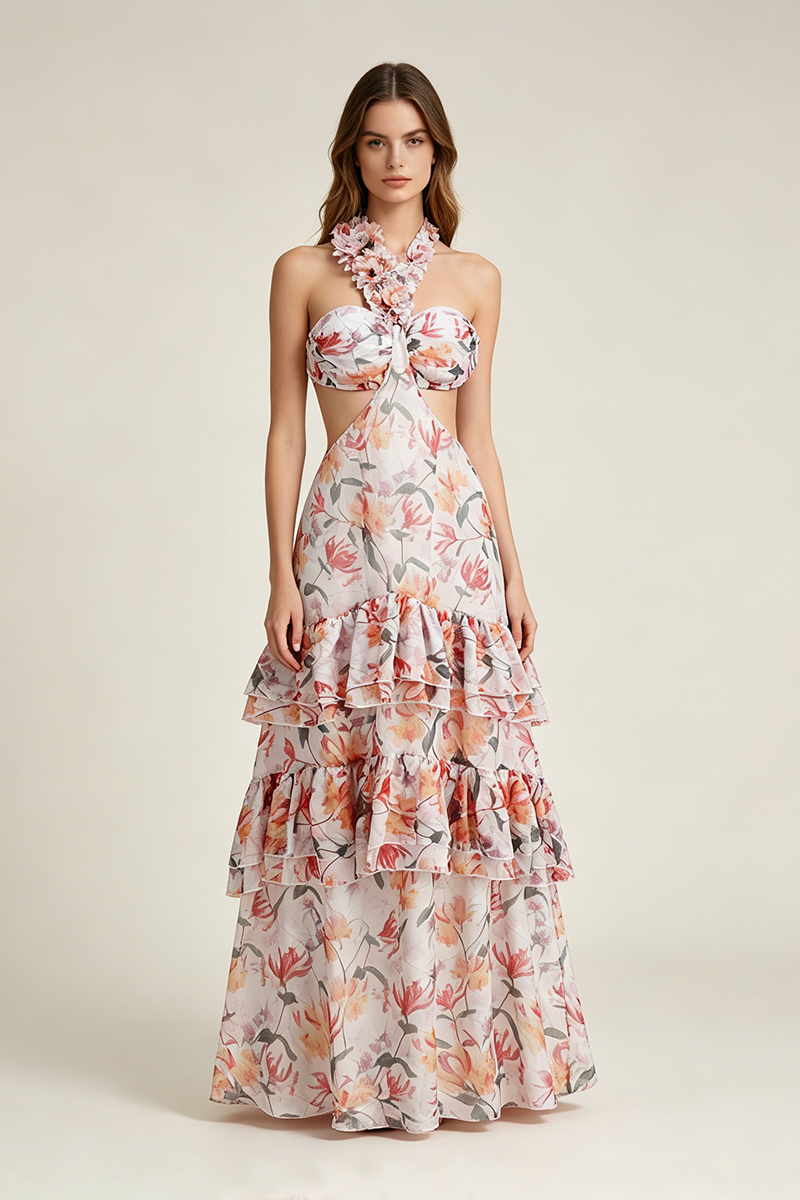 One Shoulder Flower Applique Beach Maxi Dress in Multi