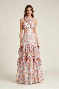 One Shoulder Flower Applique Beach Maxi Dress in Multi