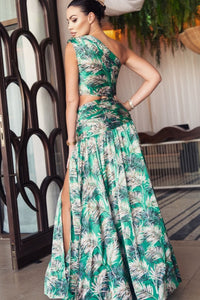 One Shoulder Gold Chain Belt Maxi Dress