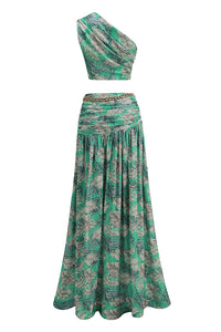 One Shoulder Gold Chain Belt Maxi Dress