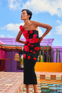 One Shoulder Rose Flower Midi Bandage Dress