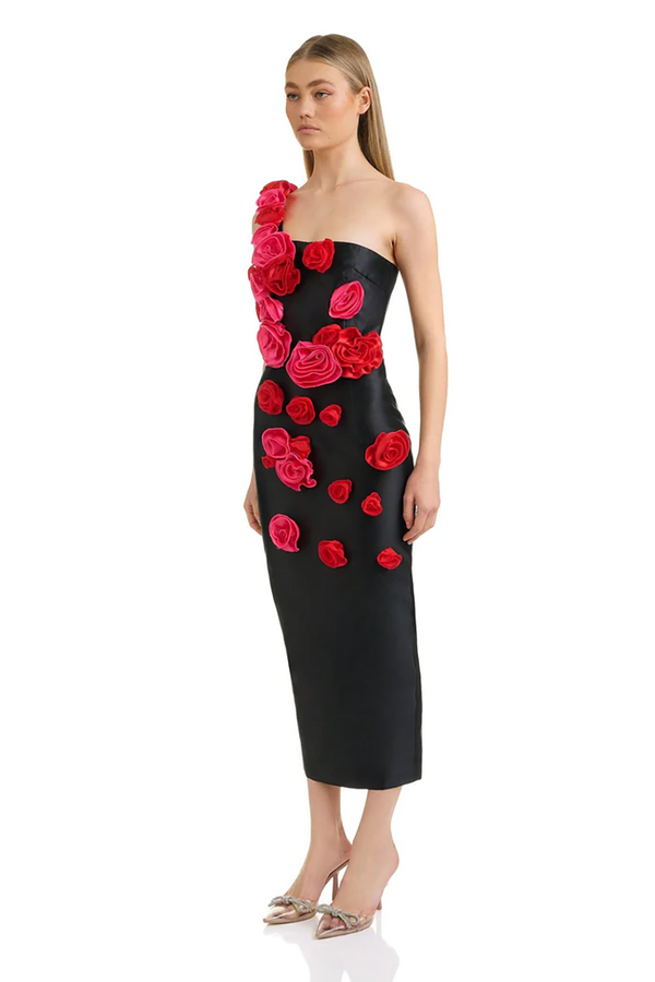 Vestido midi ajustado con estampado de flores y rosas de un hombro