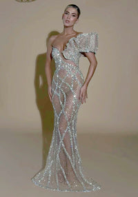 One Shoulder Sequin Pearl Gown