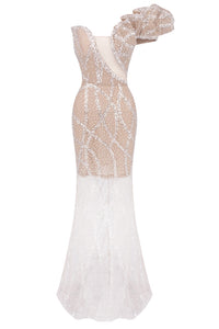 One Shoulder Sequin Pearl Gown