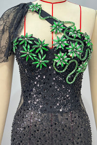 One Shoulder Sparkling Crystal Sequin Gown