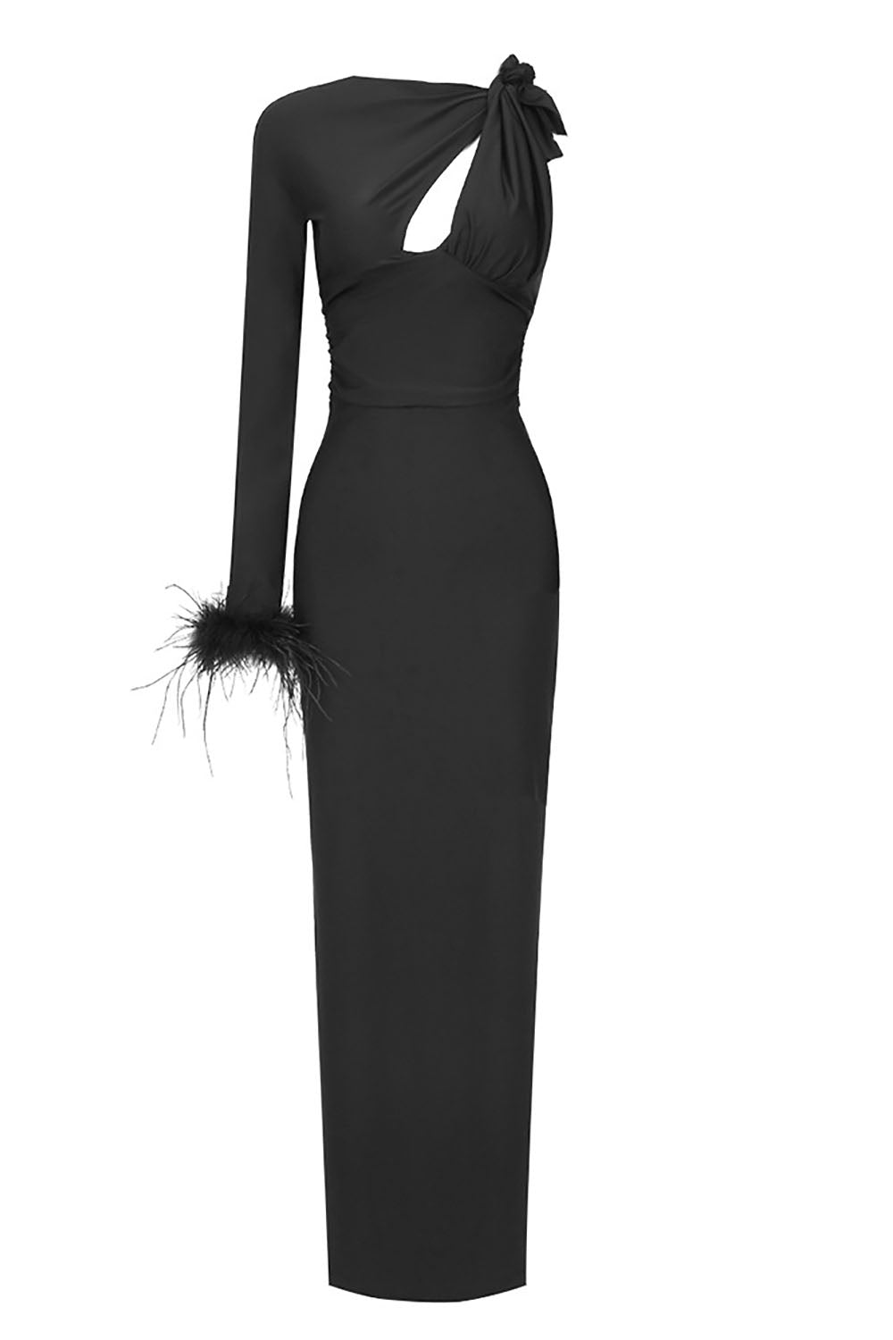 One Sleeve Feather Trim Maxi Dress CHICIDA One Sleeve Feather Trim Maxi Dress CHICIDA