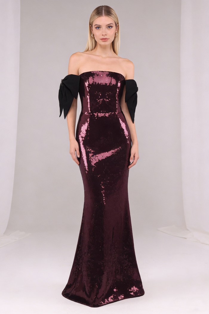 One Shoulder Bow Sequin Maxi Dress