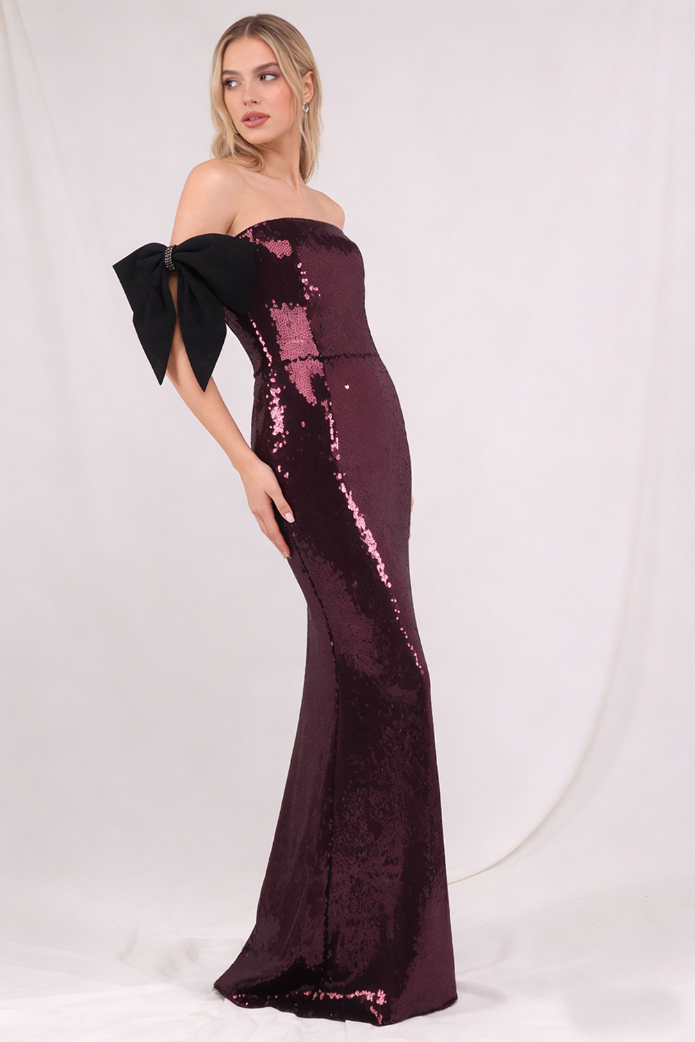 One Shoulder Bow Sequin Maxi Dress