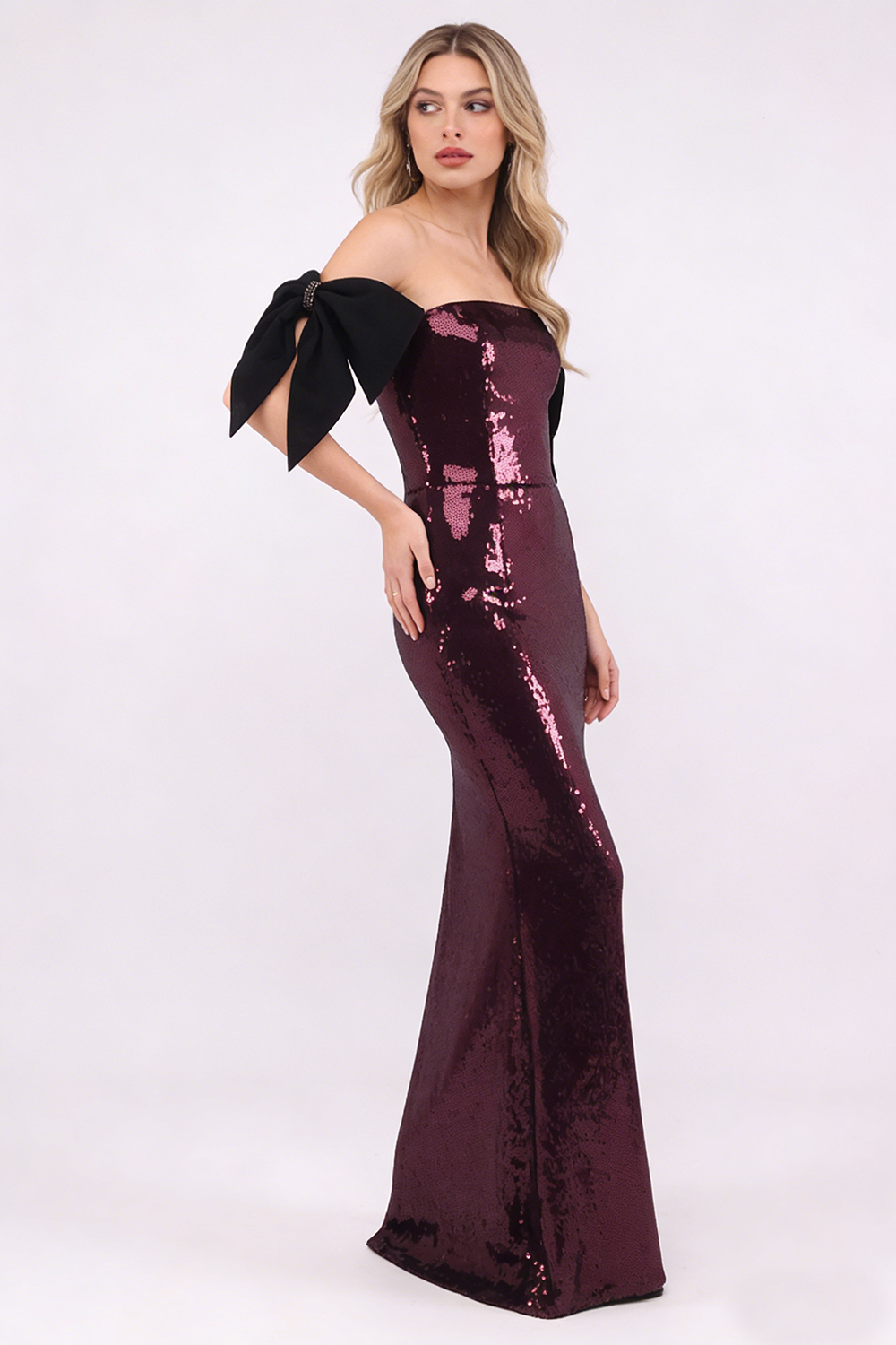 One Shoulder Bow Sequin Maxi Dress