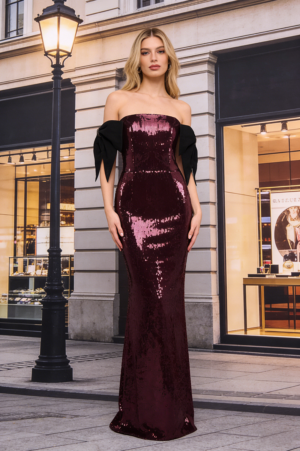 One Shoulder Bow Sequin Maxi Dress