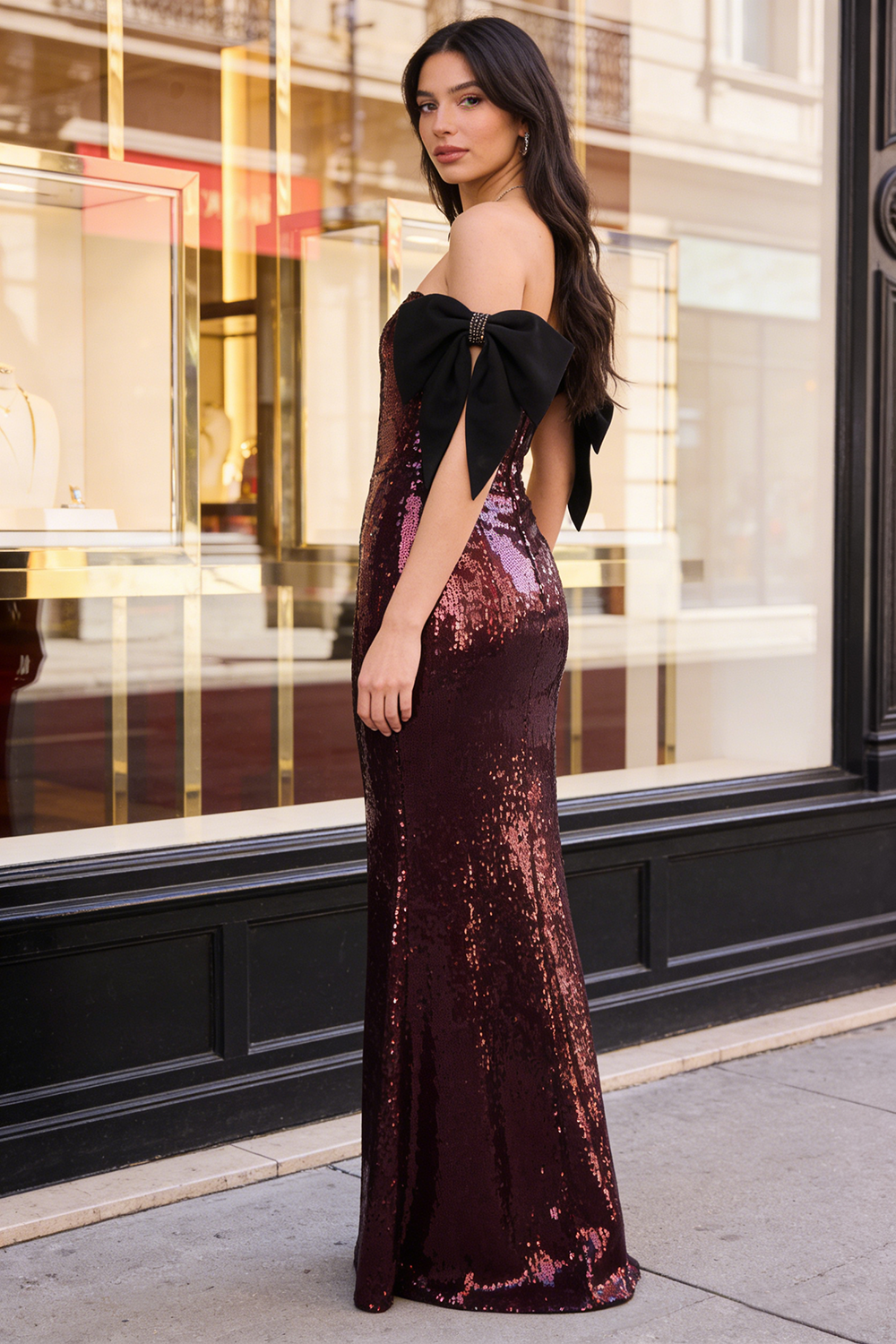 One Shoulder Bow Sequin Maxi Dress