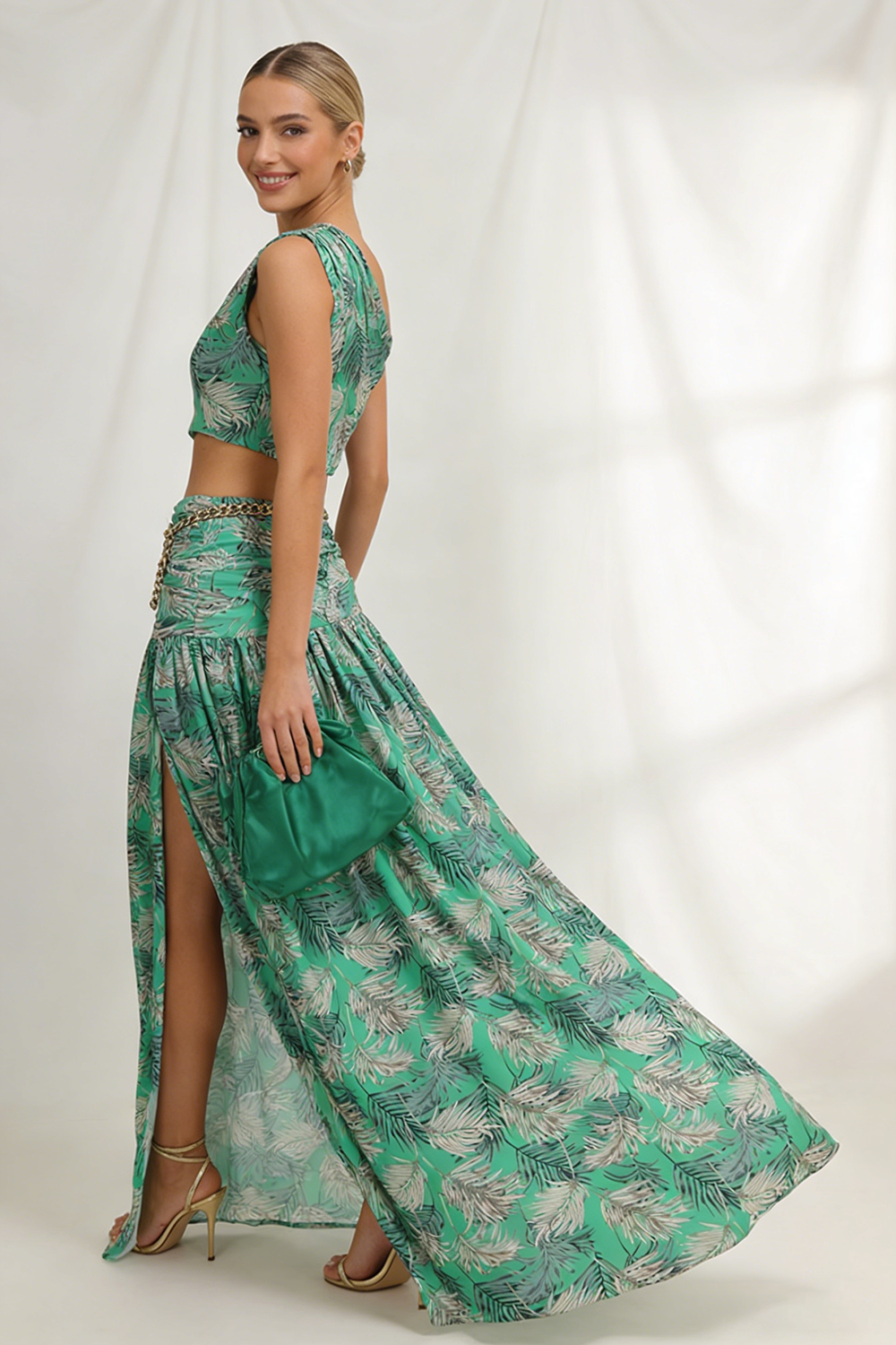 One Shoulder Gold Chain Belt Maxi Dress CHICIDA One Shoulder Gold Chain Belt Maxi Dress CHICIDA