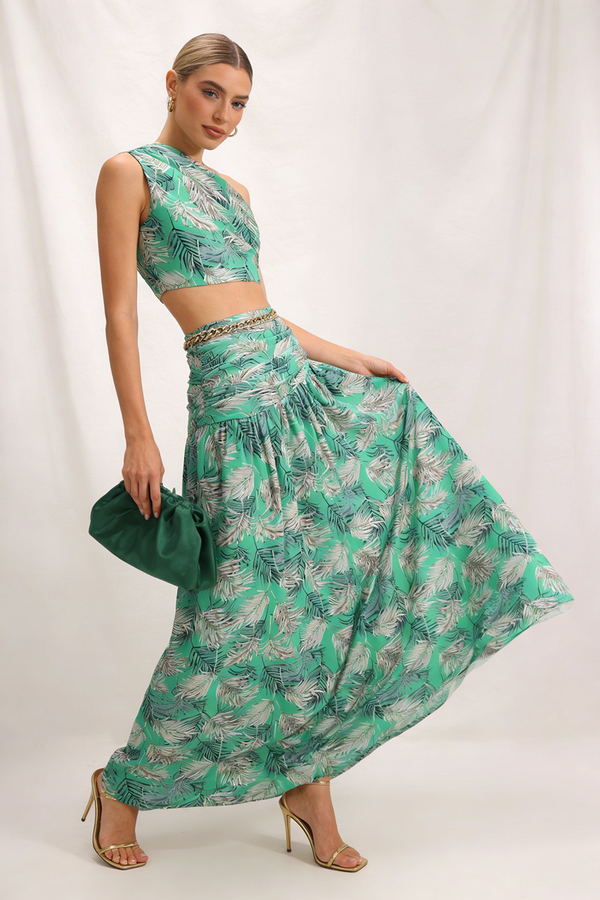 One Shoulder Gold Chain Belt Maxi Dress