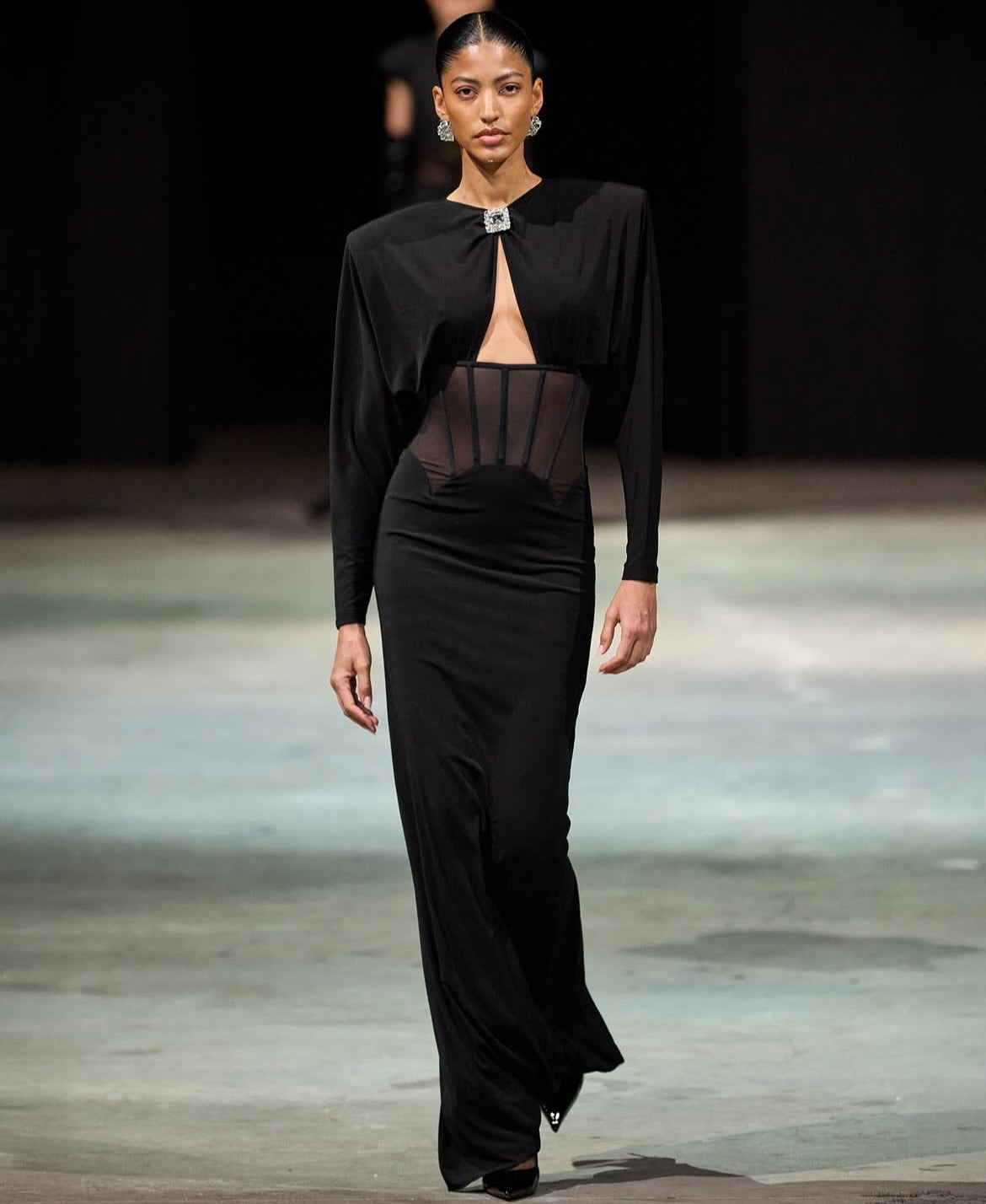 Padded-shoulder Mesh Panel-insert Gown