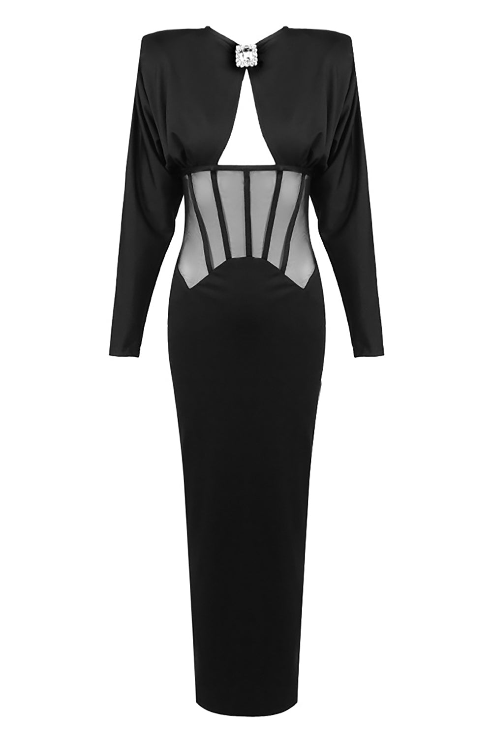 Padded-shoulder Mesh Panel-insert Gown