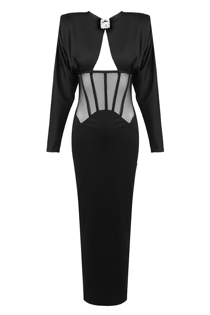 Padded-shoulder Mesh Panel-insert Gown