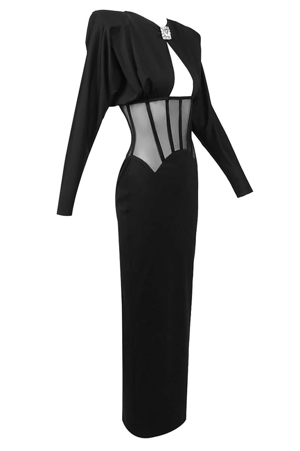 Padded-shoulder Mesh Panel-insert Gown