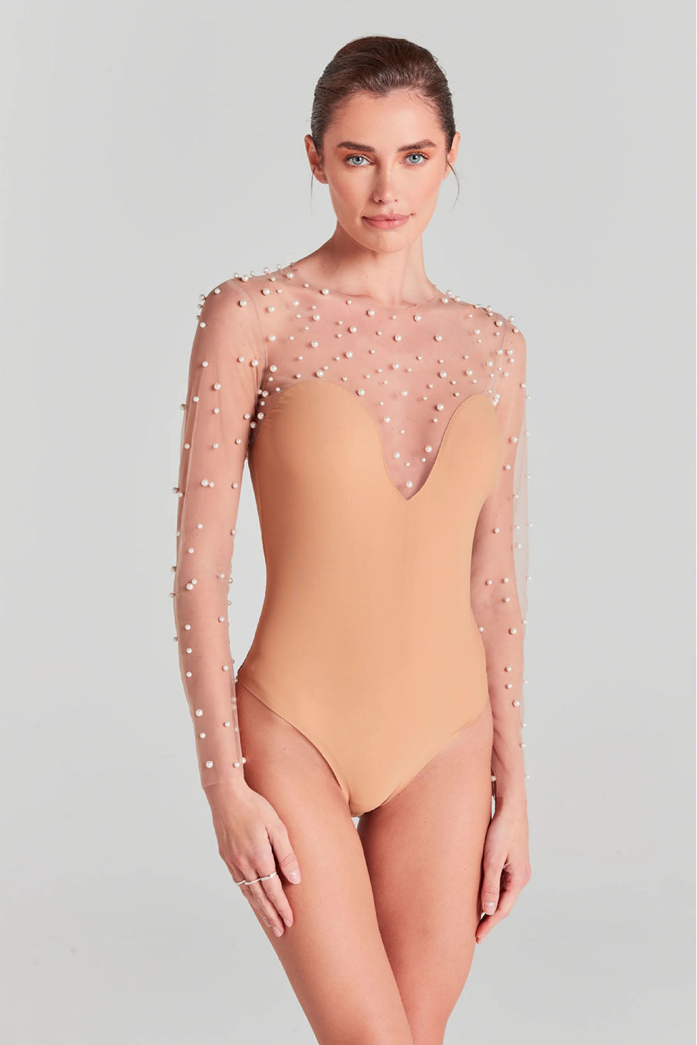 Pearl Embellished Mesh Bodysuit And Bandeau jumpsuit