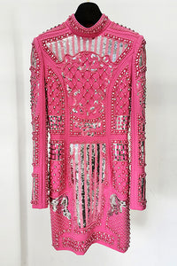 Pearl Embellished Padded-Shoulder Mini Dress