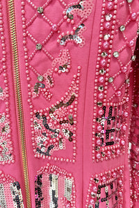 Pearl Embellished Padded-Shoulder Mini Dress