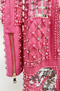 Pearl Embellished Padded-Shoulder Mini Dress