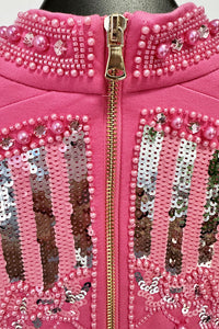 Pearl Embellished Padded-Shoulder Mini Dress