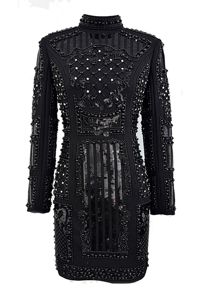 Pearl Embellished Padded-Shoulder Mini Dress CHICIDA Pearl Embellished Padded-Shoulder Mini Dress CHICIDA