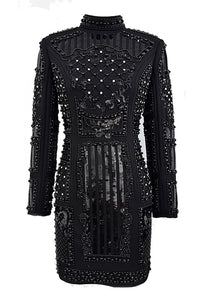 Pearl Embellished Padded-Shoulder Mini Dress