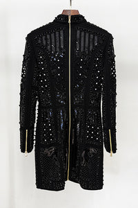 Pearl Embellished Padded-Shoulder Mini Dress