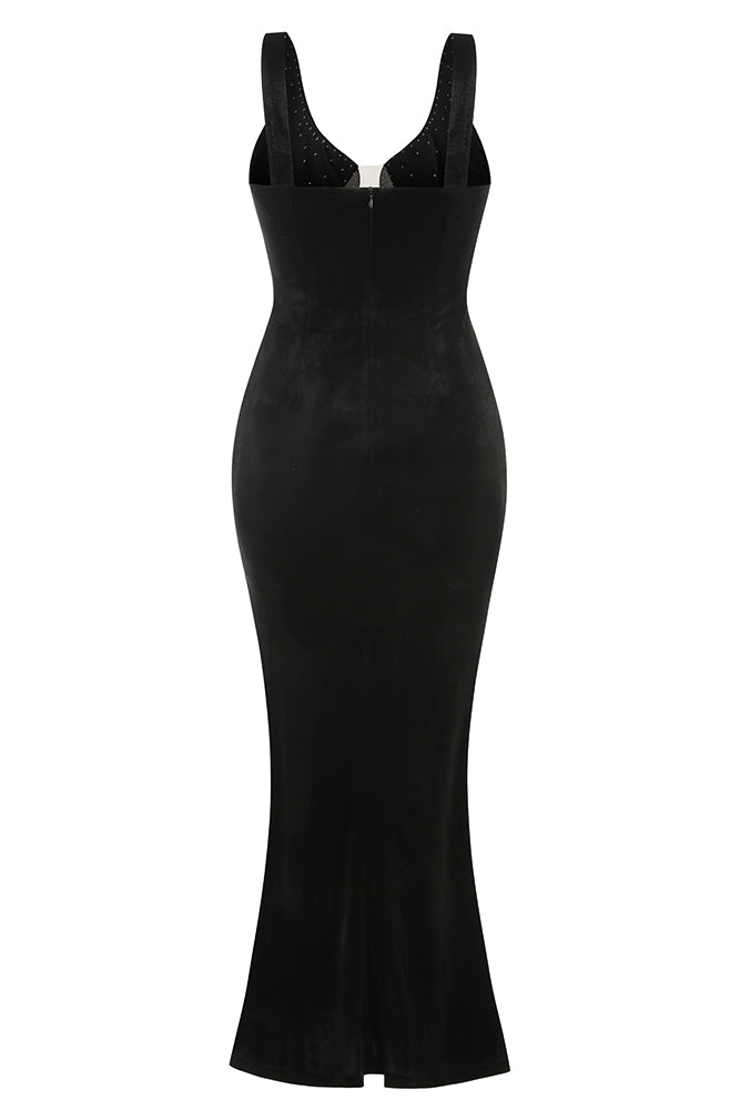 Pearl Hollow Mesh Velvet Maxi Dress