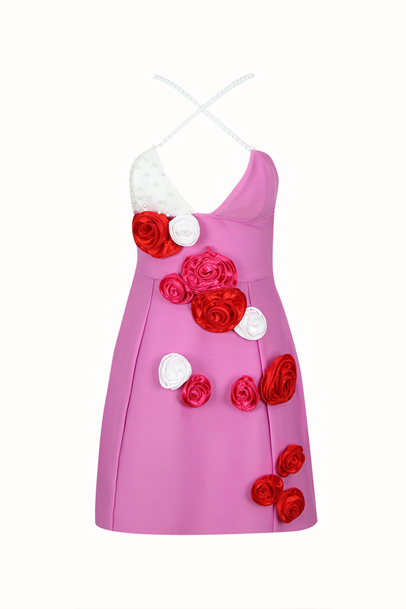 Pink Strappy Beading Flower Francesca Bandage Dress