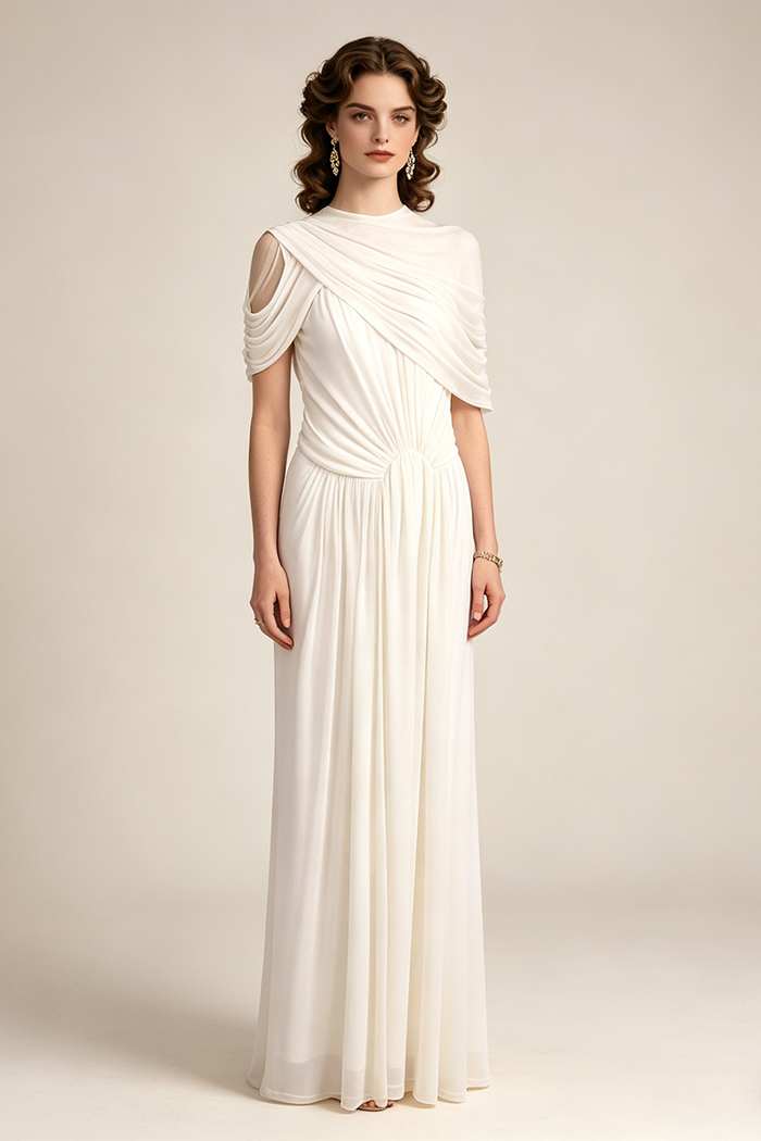 Pleated Draped Shoulder Gown in White
