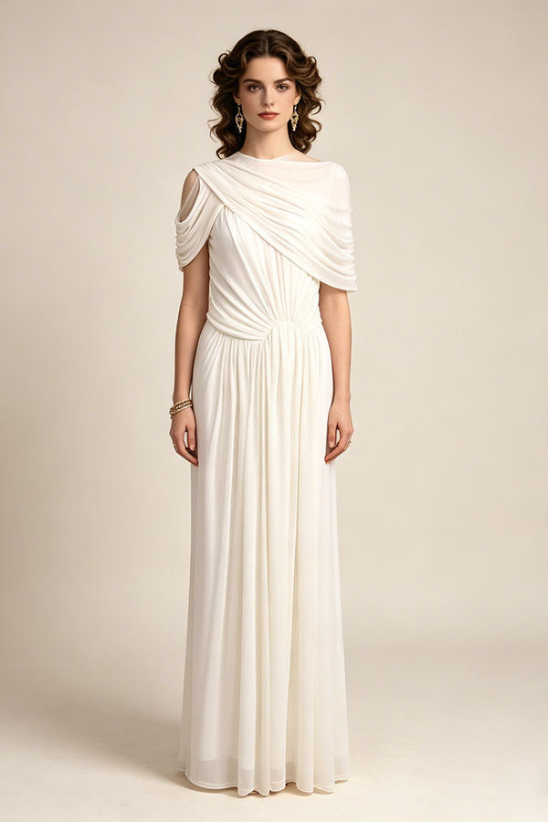 Pleated Draped Shoulder Gown in White