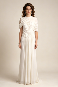 Pleated Draped Shoulder Gown in White