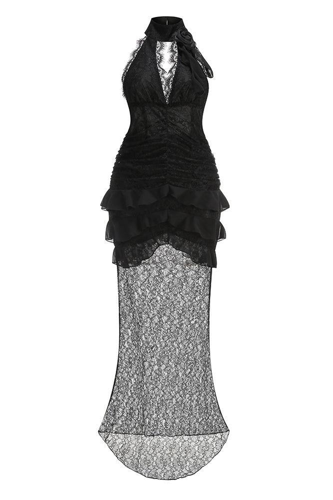 chinese dress ladies Black Floral Lace Long Sleeve Ruffle Hem Mini Dress