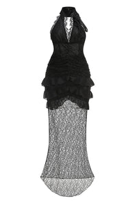 Plunge Neckline Lace Frill Maxi Dress