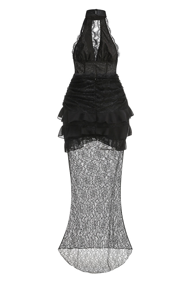 Plunge Neckline Lace Frill Maxi Dress