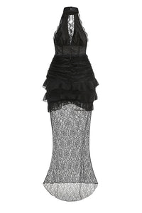 Plunge Neckline Lace Frill Maxi Dress