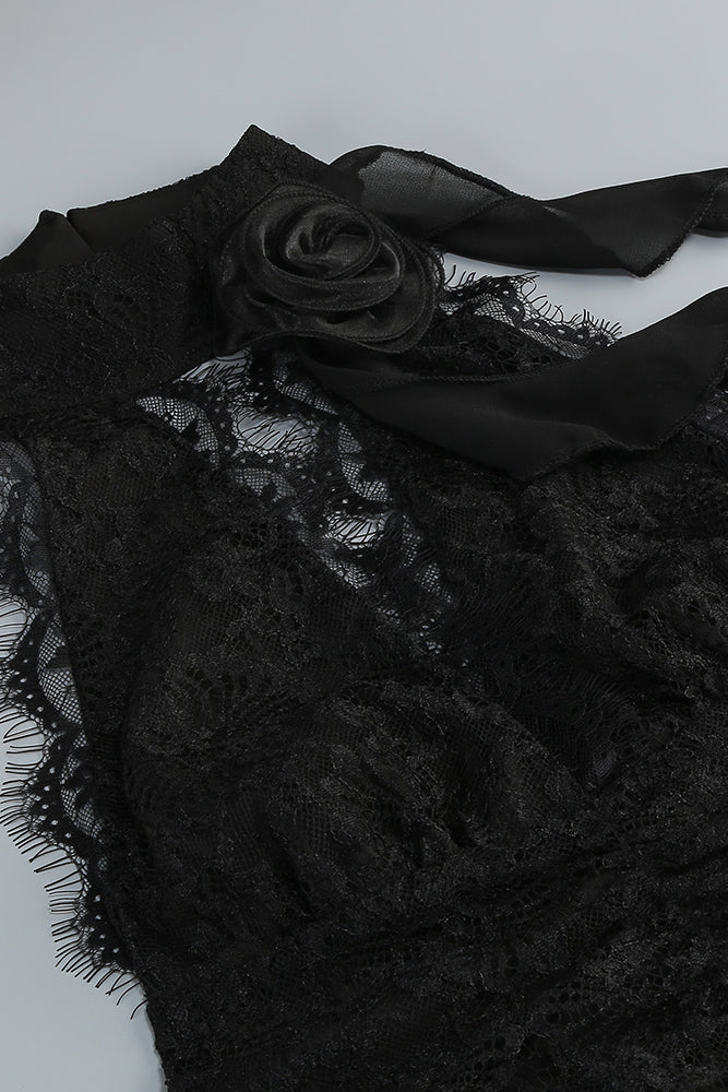 Plunge Neckline Lace Frill Maxi Dress