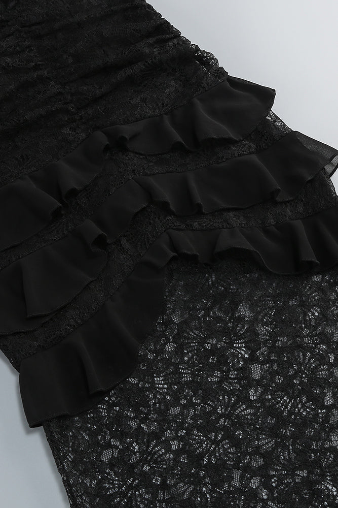 Plunge Neckline Lace Frill Maxi Dress