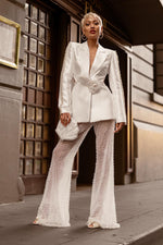 Plunging Satin Beaded Blazer See-through Flared Pearl Pants