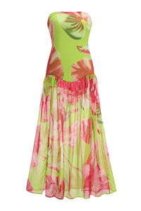 Print Strapless Slits Dress in Green