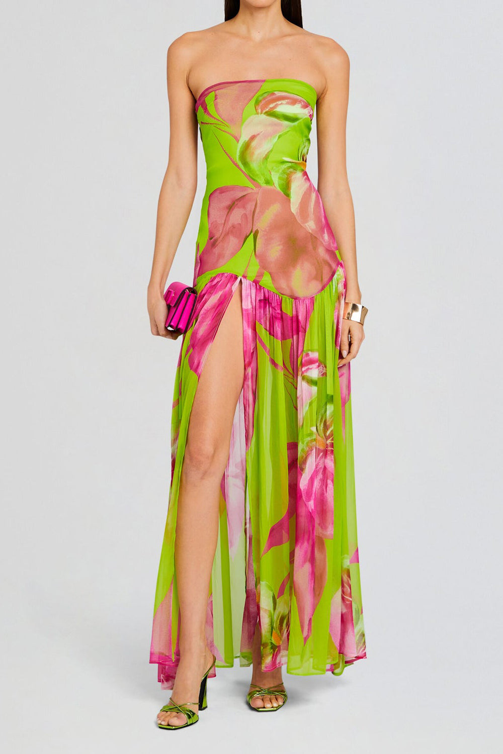 Print Strapless Slits Dress in Green