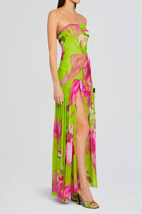 Print Strapless Slits Dress in Green