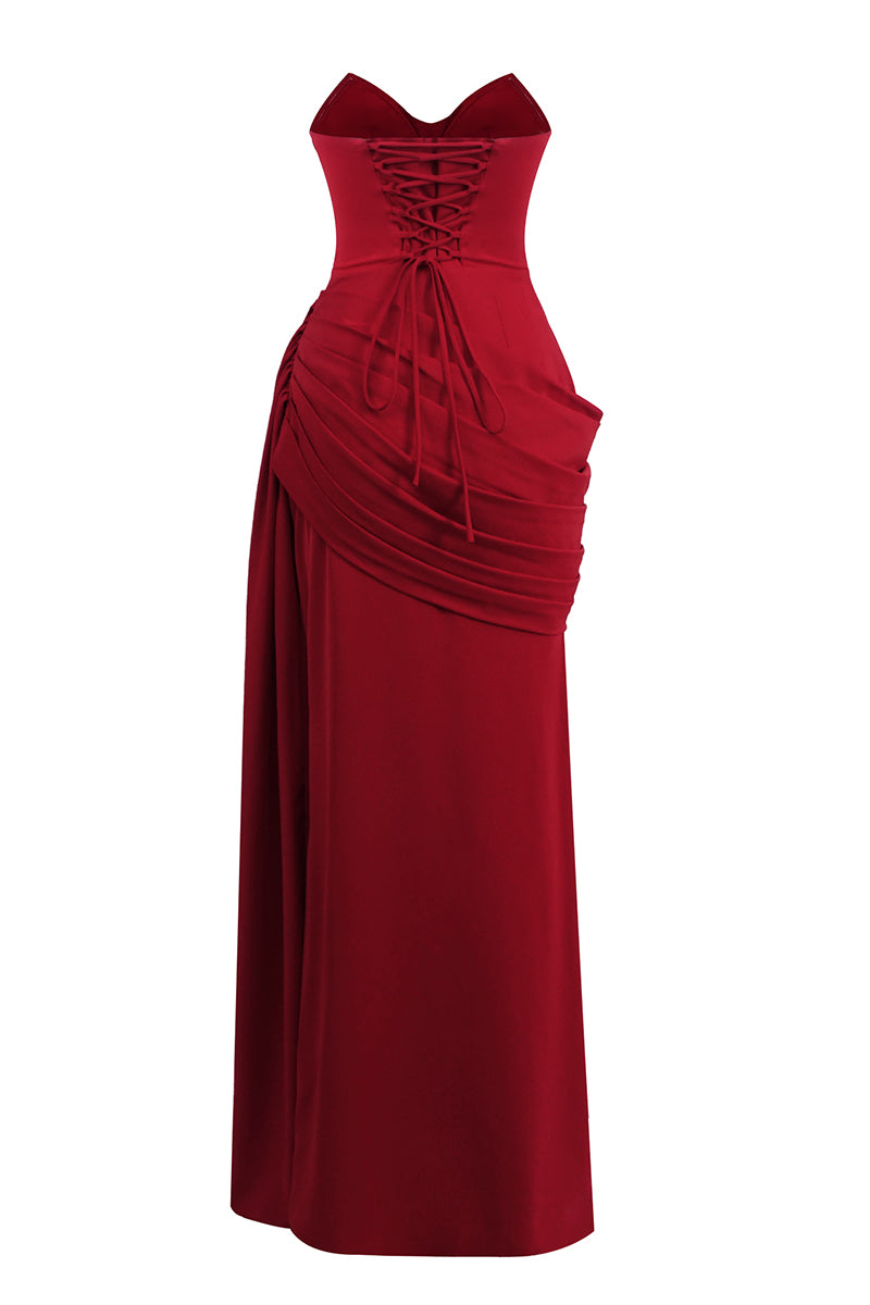 Red Strapless Corset Draped Gown