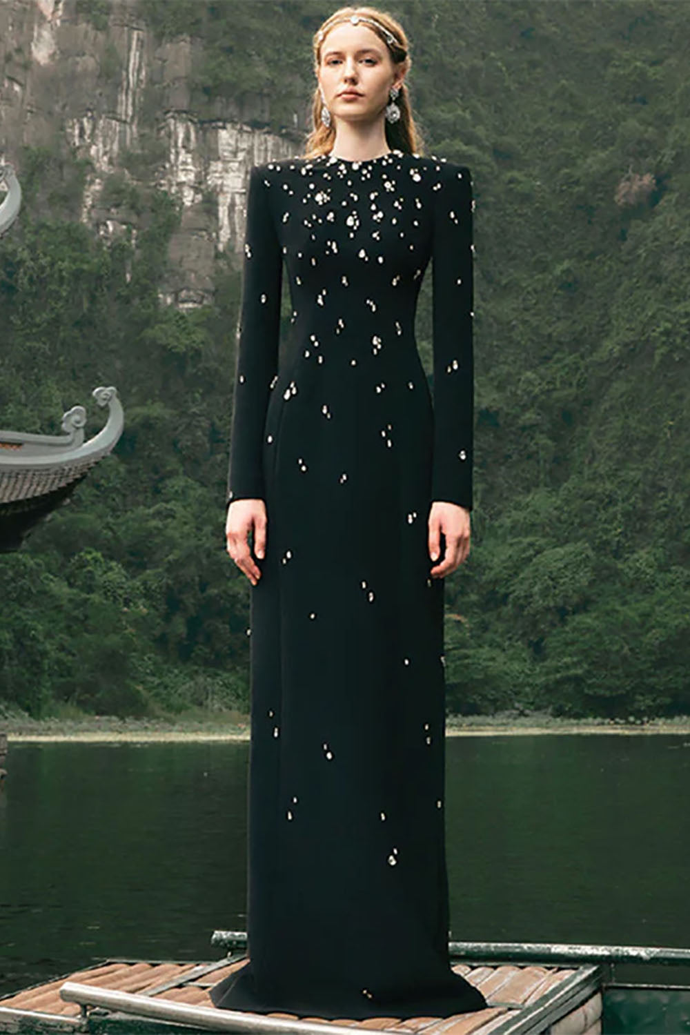 Rhinestone-embellished Long Sleeve Gown