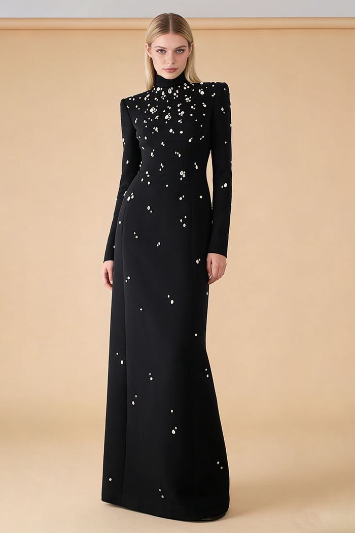 Long Sleeve Rhinestone-embellished Gown