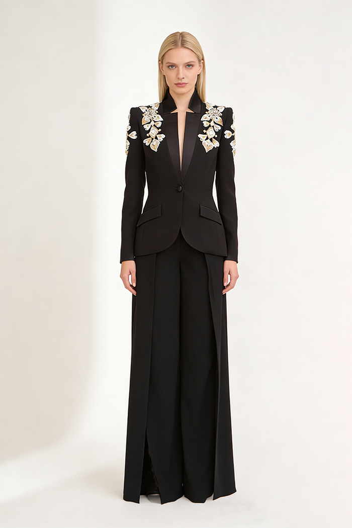 Rhinestone Wide-leg Blazer Pants Set