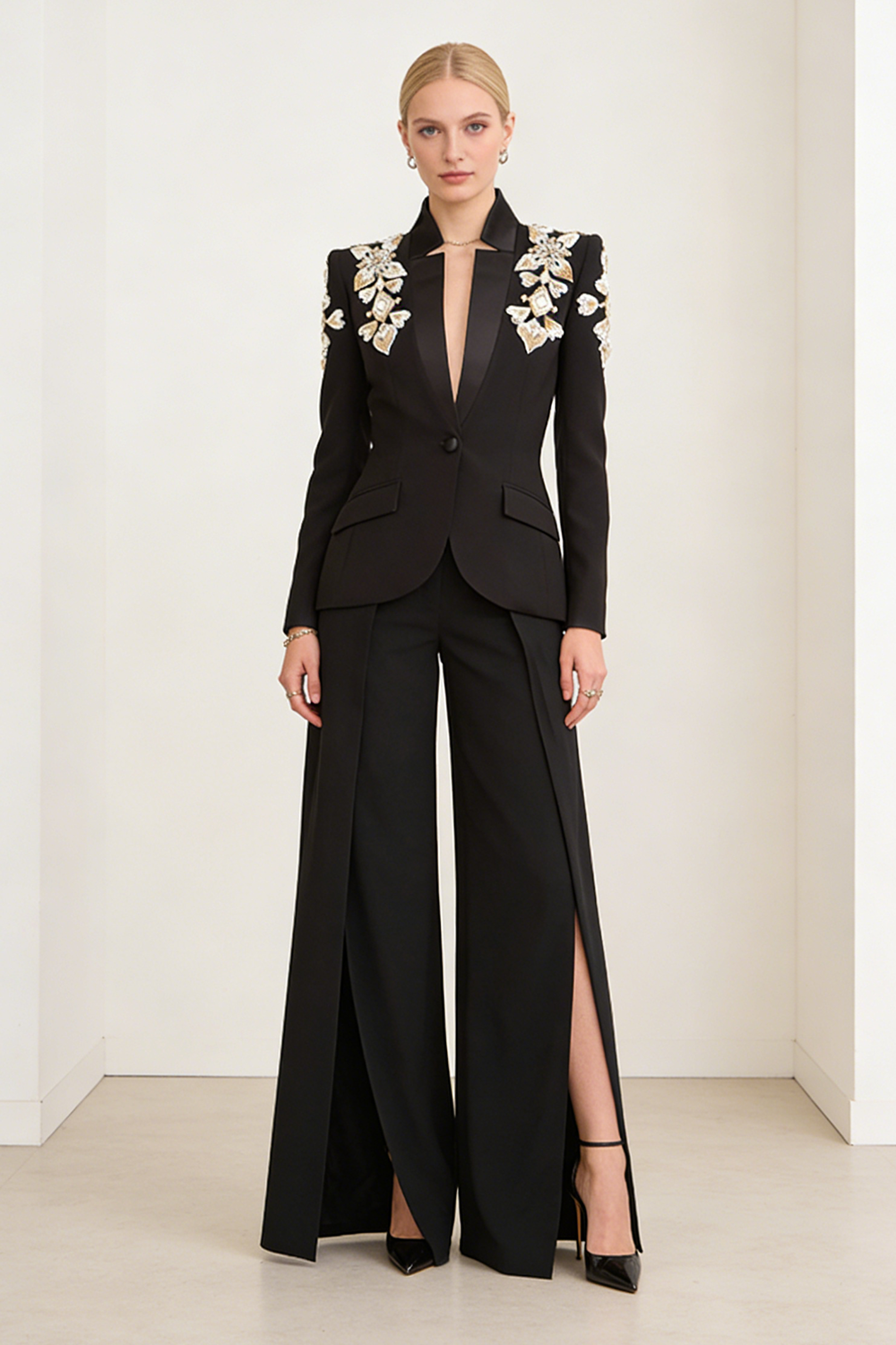 Rhinestone Wide-leg Blazer Pants Set