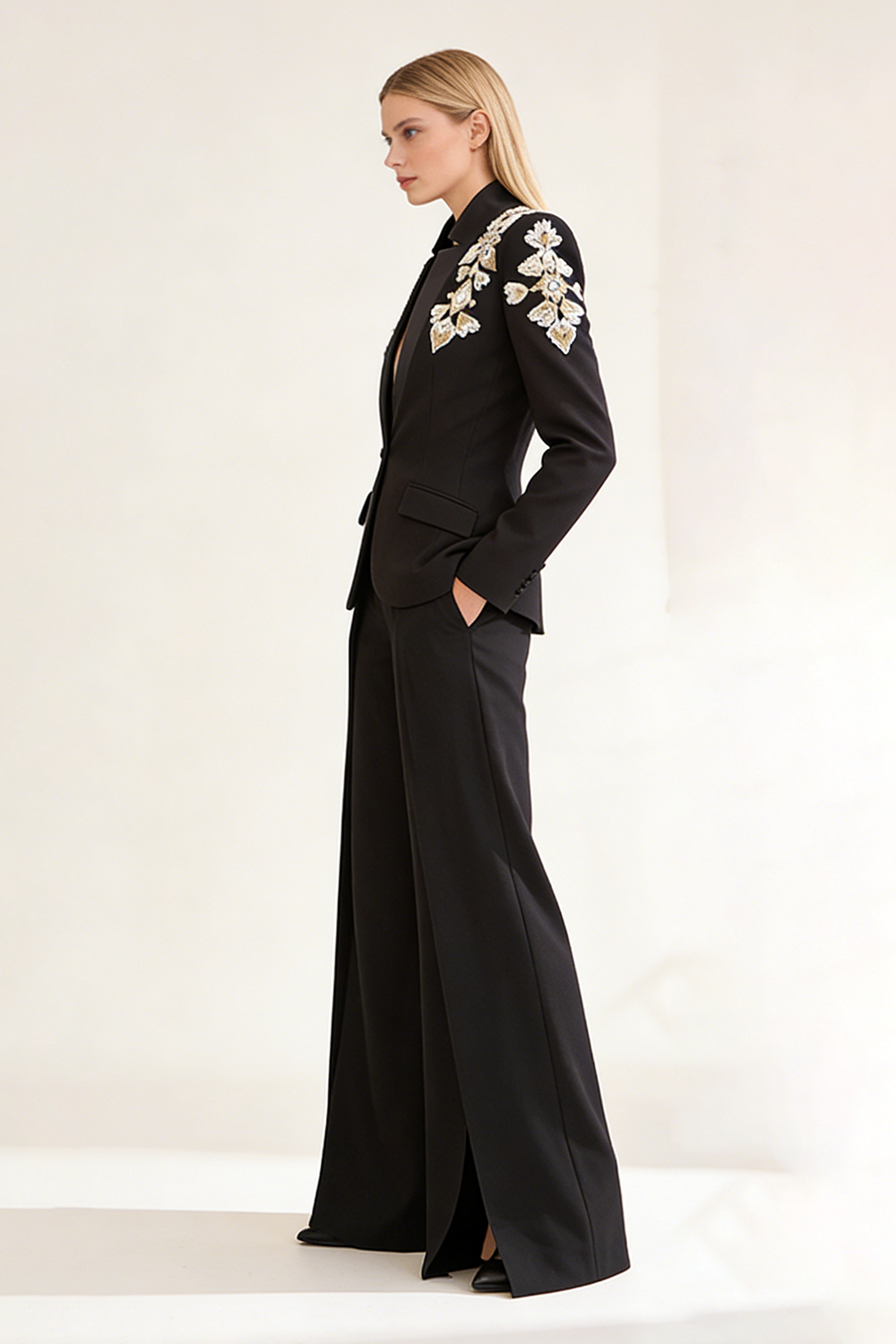 Rhinestone Wide-leg Blazer Pants Set